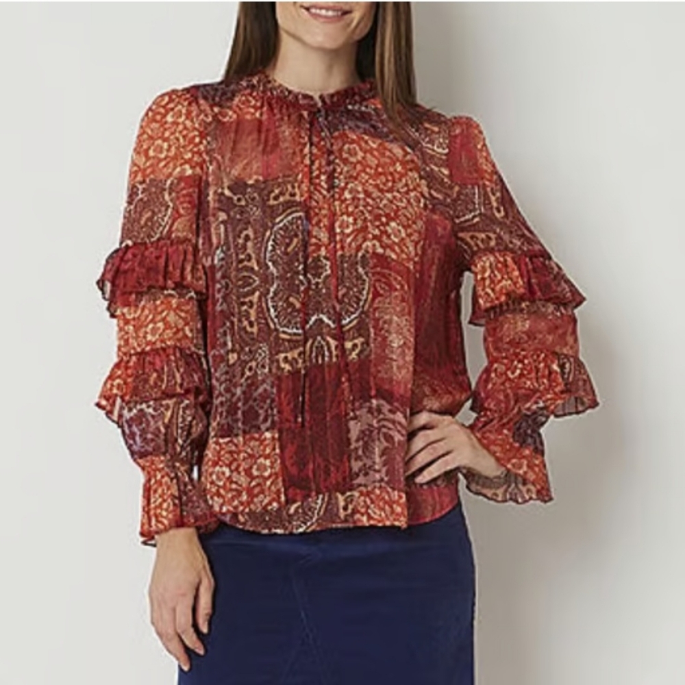 Frye Rust Floral Patchwork Ruffle Blouse Top - image 1
